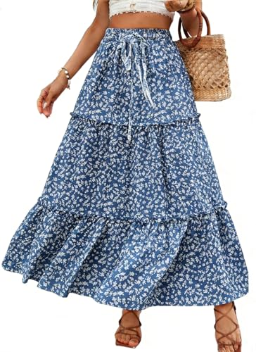 Vossmi Largo Faldas Casual para Mujer El&aacute;stica Boho Floral A-l&iacute;nea Falda L&iacute;nea A Maxifalda con...