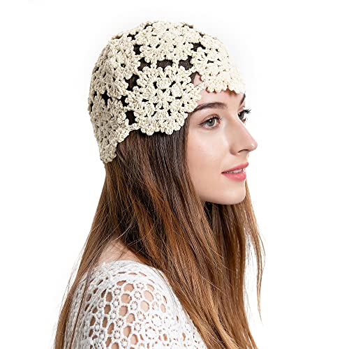 ZLYC - Gorro de ganchillo de algodón para mujer, tejido a mano con calado floral, Beige, Talla única