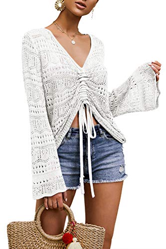 Saodimallsu - Camisas de crochet con mangas acampanadas para mujer, estilo boho, con hombros...