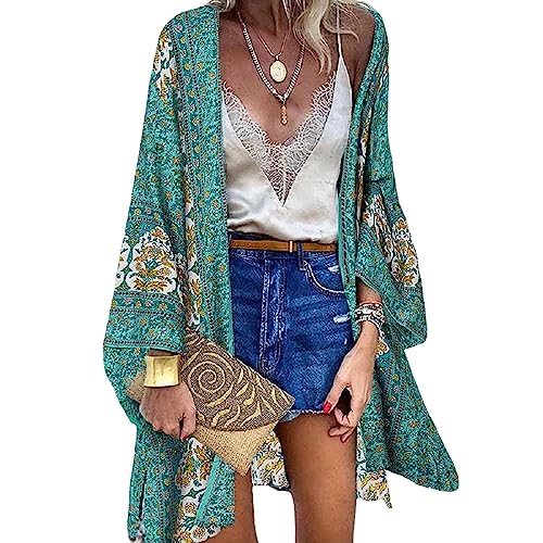 C&aacute;rdigans Kimono Floral Manga Larga Mujer Camisola Casual Gasa Pareo de Playa Ropa de Ba&ntilde;o Verano Blusa...