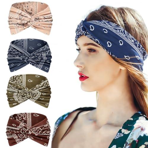 4 Piezas Diadema Mujer, Cinta Pelo Ancha, Turbantes con Estampado, Pa&ntilde;uelos Cabeza Boho, Bandana...