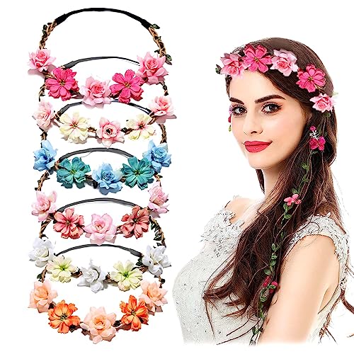 MUNSKT 6 diademas el&aacute;sticas con corona de flores para mujeres y ni&ntilde;as, corona de pelo multicolor,...