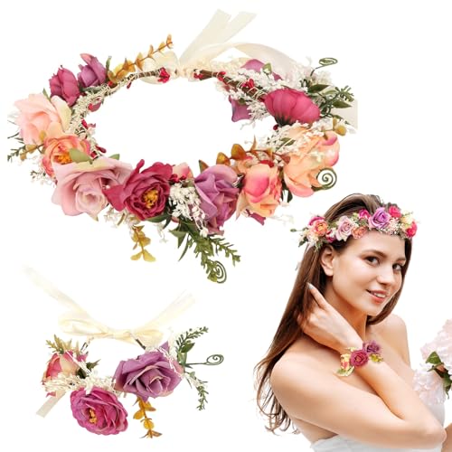 VZXQX Corona de Flores para Pelo Mujer, Ajustable Diadema Flores Mujer con Bracciale de Flor, Bohemia...
