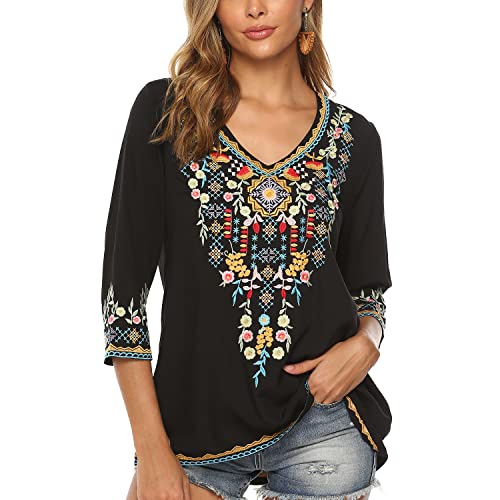 Vakakado Ropa Hippie para Mujer Blusa Bordada de Folclore Bohemio T&uacute;nica de Manga 3/4 con Cuello en V...