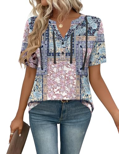 IECCP Blusa de manga corta para mujer, túnica, cuello en V, plisada, parte superior, informal, flores,...