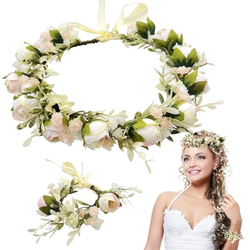 VZXQX Corona de Flores para Pelo Mujer, Ajustable Diadema Flores Mujer con Bracciale de Flor, Bohemia...