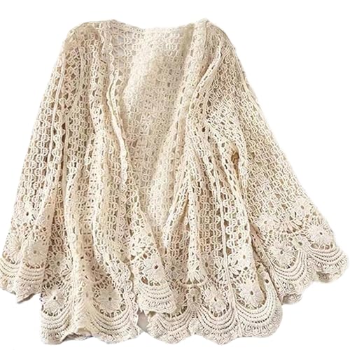 Cárdigans de Verano para Mujeres algodón cremoso Manga Larga Hueco Crochet cárdigans Boho Floral...