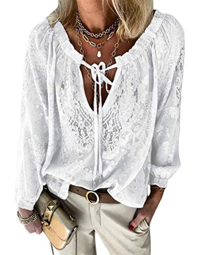shownicer Mujer Camisas Túnica de Manga Larga Boho Blusa Camiseta de Encaje Suelta Casual Patchwork...