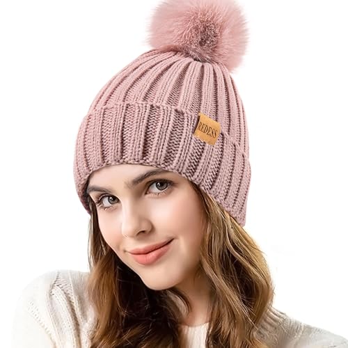 REDESS Gorro de Punto de Invierno para Mujer, Forro Polar c&aacute;lido con pomp&oacute;n, Gorro Grueso y Holgado de...