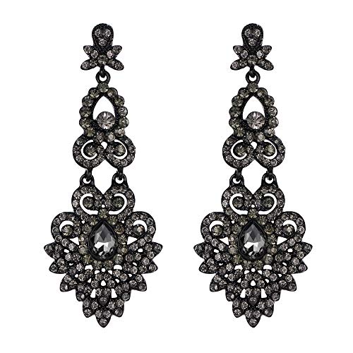 EVER FAITH Mujer Cristal Austr&iacute;aco Boda Vintage Estilo Floral Hoja Ara&ntilde;a Pendientes Colgante Tono Negro...