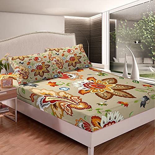 Loussiesd Juego de s&aacute;bana ajustable con estampado floral de flores boho y paisley para ni&ntilde;as, mujeres y...