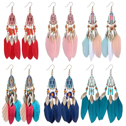 Pendientes Plumas Boho 6 Pares de Aretes de Plumas Largos Coloridos Pendientes Colgantes con Plumas...