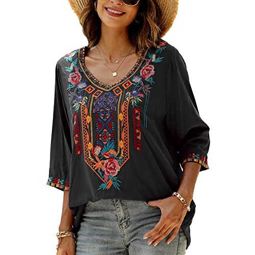 Seasonal Camiseta de Verano para Mujer, diseño de Bohemia, Bordado, Cuello en V, Cuello de Pico, 3/4...