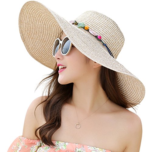 Lanzom - Sombrero de paja plegable de ala ancha para mujer de 14 cm, con visera ancha y protecci&oacute;n solar...