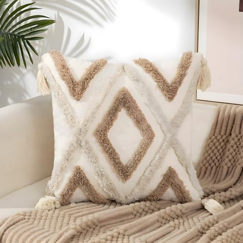 YULUOSHA Funda de coj&iacute;n decorativa boho, coj&iacute;n beige boho de algod&oacute;n decorativo marroqu&iacute; con bordes...