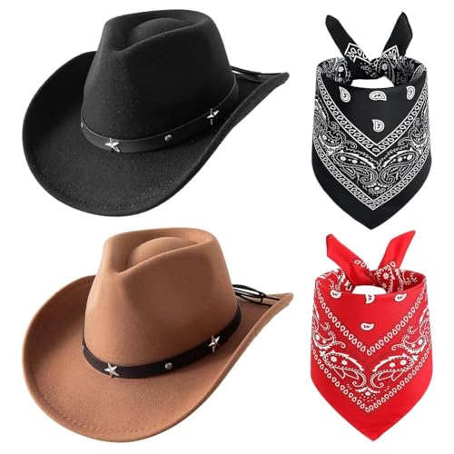 FCXVXCL Sombrero Vaquero 4 Piezas Con Bufanda Cuadrada Multifuncional Accesorio De Cowboy Para Hombres Y...