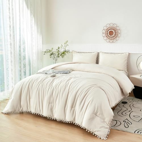 PERFEMET Juego de ropa de cama de 5 piezas de color beige con pompones y juego de sábanas, suave,...