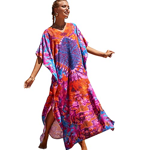 XIVISTO Mujer Kaftan Maxi Largo Vestido de Playa Bohemio Traje de Baño Cubrir Cover Ups Verano Pareos V...
