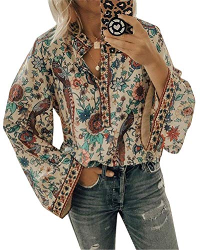 Onsoyours Señoras Manga Larga Cuello En V Camisetas Boho Estampado Floral Túnica Casual Camisa Suelta...