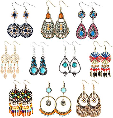 LOLIAS 10 Pares de Pendientes Bohemios Vintage para Mujeres Ni&ntilde;as - Aretes Colgantes Boho con Turquesa,...
