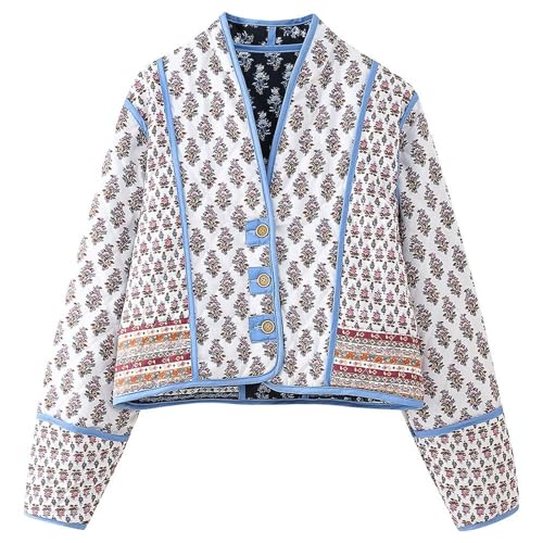 Yimoon Chaqueta acolchada ligera para mujer, estampado floral, abrigo corto acolchado, parte delantera...