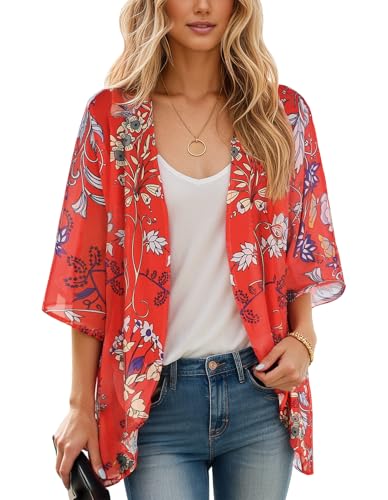 C&aacute;rdigan tipo kimono de manga abombada con estampado floral para mujer, blusa casual suelta, Boho Rojo,...