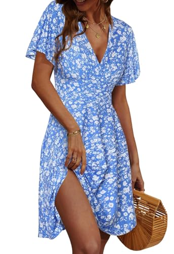 Yutdeng Vestido Verano Mujer Casual Vestidos Cortos Manga Corta de Volantes Cuello V Estampado Floral...