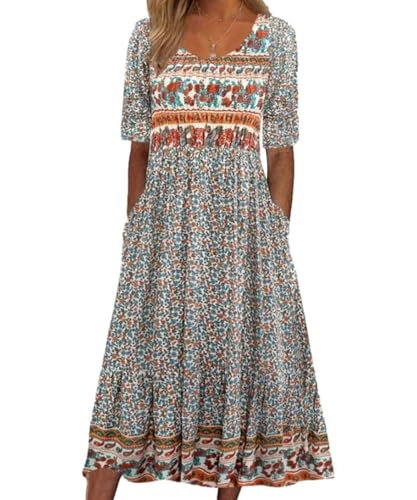 ABINGOO Mujere Vestidos de Verano Cuello Redondo Manga Corta Vestido Bohemio Floral Vestido de Playa...