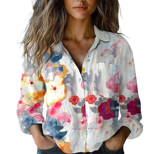 riou Blusas Mujer Primavera Verano Lino Boho Estampado Retro Cuello en V Camisa Basica Moda Vintage Blusa...