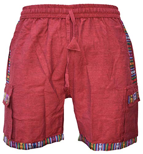Gheri De los Hombres Algodón Borde Nepalés Pantalones Cortos Hippie Boho Medio Pantalón Rojo (Maroon)...