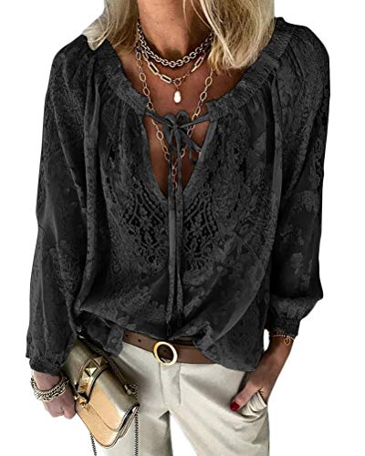 shownicer Mujer Camisas Túnica de Manga Larga Boho Blusa Camiseta de Encaje Suelta Casual Patchwork...