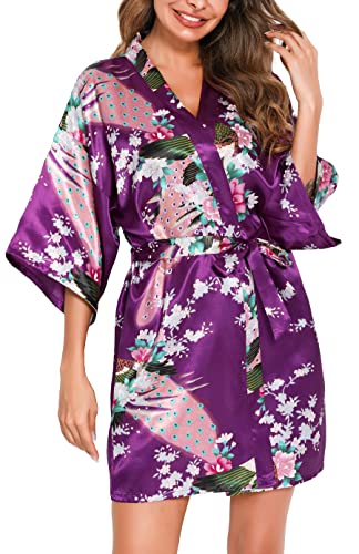 Vlazom Kimono Mujer Corto de Sat&eacute;n y Seda, Cuello en V con Estampado Floral, Manga 3/4 con...