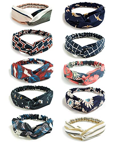 DRESHOW 10 Piezas Boho Mujer Diademas Flor Vintage Impreso Criss Cross Anudado El&aacute;stico Banda para el...