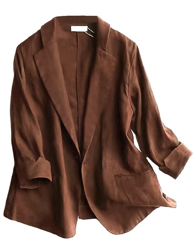 IDEALSANXUN - Blazer de lino para mujer, manga 3/4, ligero, para primavera y verano, 1- marrón, XXXL