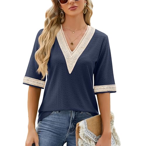 Atxnn Camiseta Mujer de Manga Media Blusas Boho con Cuello en V Camisa Elegante con Encaje Tops de Verano...