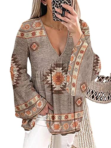 Camisa Boho con Cuello en V para Mujer Jersey de Manga Larga de Cuerno Blusa Suelta y Vintage