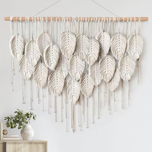 LOMOHOO Tapiz de macram&eacute; para colgar en la pared, bohemio, con hojas beige, hecho a mano, tejido,...