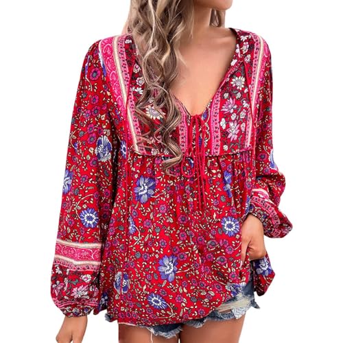 Blusa para mujer, elegante, informal, bohemia, cuello en V, estampado floral, t&uacute;nica suelta, hippie,...