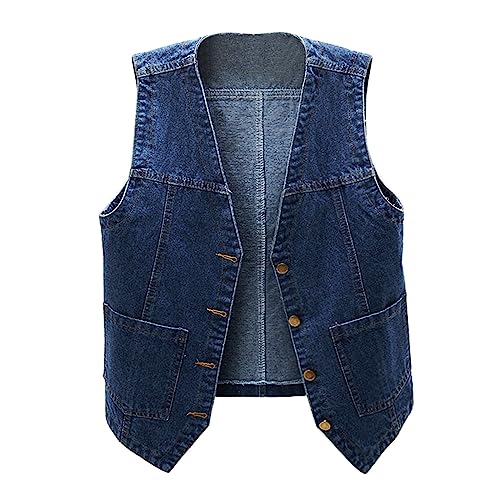 Generisch 2025 Chaleco de mezclilla sin mangas para mujer, con cuello en V, bot&oacute;n, bolsillos, azul...