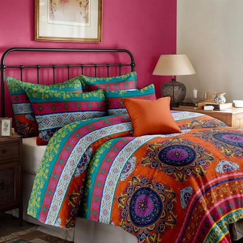 Dreamzie Funda Nordica Cama 135 Dise&ntilde;o Boho Indio Mandala Rosa Naranja con 2 Funda Almohada 80x80 cm...