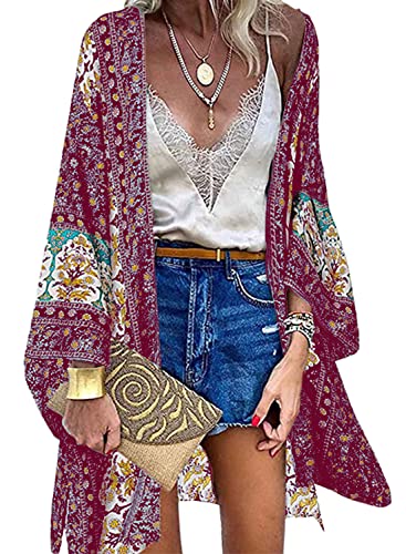 CheChury Mujer Cárdigan Kimono Vestido de Playa Floral Kaftan Bohemio Chal Suelto Kimono con Estampado...