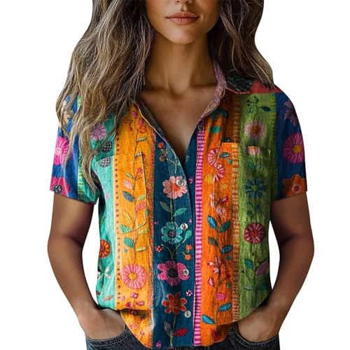 Blusas Mujer Verano Casual Algod&oacute;n y Lino Boho Estampado Camisas Manga Larga Cuello con Solapa Botones...