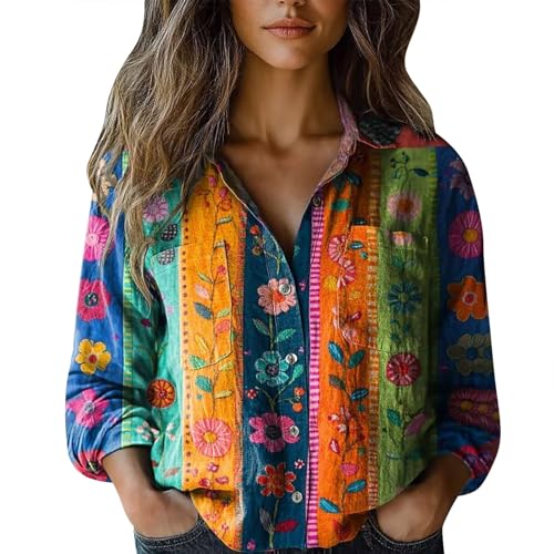 riou Blusas Mujer Primavera Verano Lino Boho Estampado Retro Cuello en V Camisa Basica Moda Vintage Blusa...
