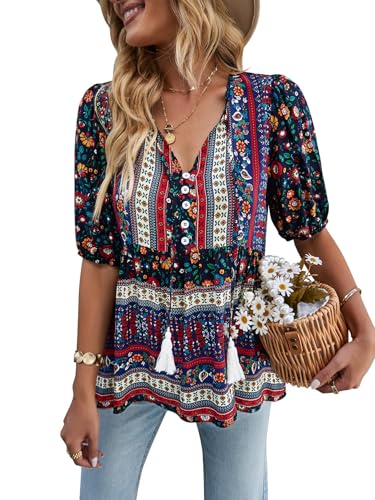 CNTSFS Blusa Mujer Elegante Casual Boho Cuello en V Estampado Floral Túnica Suelta Mujer Manga Larga...