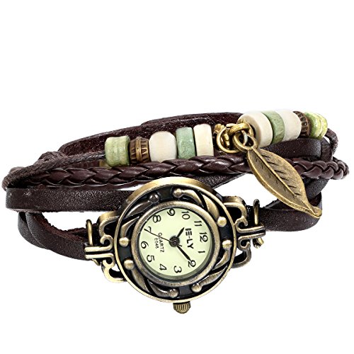 JewelryWe Reloj de Pulsera para Mujer, Estilo Retro, Trenzado, con Colgante de &Aacute;rbol y Hojas, Marr&oacute;n,...