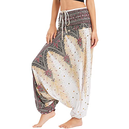Nuofengkudu Mujer Harem Pantalones Jumpsuit Boho Cintura Alta Verano Playa N Pavo Real Blanco