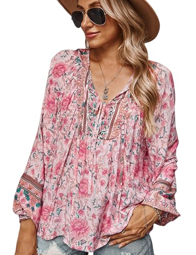 CNTSFS Mujeres Casual Boho V-Cuello Holgado Floral Manga Larga Playas Blusas, Rosa., M