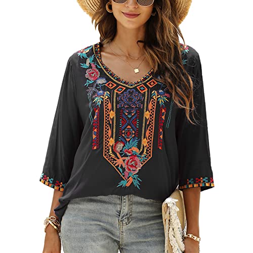 Vakakado Ropa Hippie para Mujer Blusa Bordada de Folclore Bohemio T&uacute;nica de Manga 3/4 con Cuello en V...