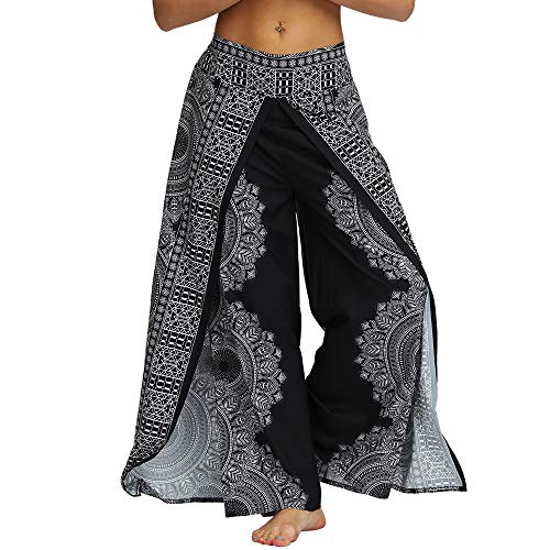 Nuofengkudu Mujer Hippie Largo Pantalones Dividir Pata Ancha Flores Estampados Sueltos Elegantes Comodos...