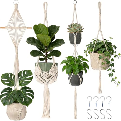 LOLANIUT Macetero Colgante Interior Juego de 4, Macram&eacute; con Ganchos, Macram&eacute; Boho para Plantas,...